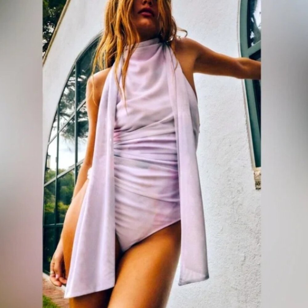 NWT LIGHT PURPLE PRINTED TULLE BODYSUIT with scarf and open back